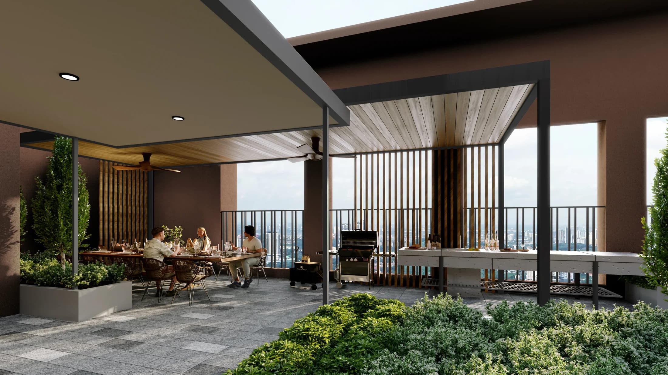 The Vividz landscaped grill garden dining area