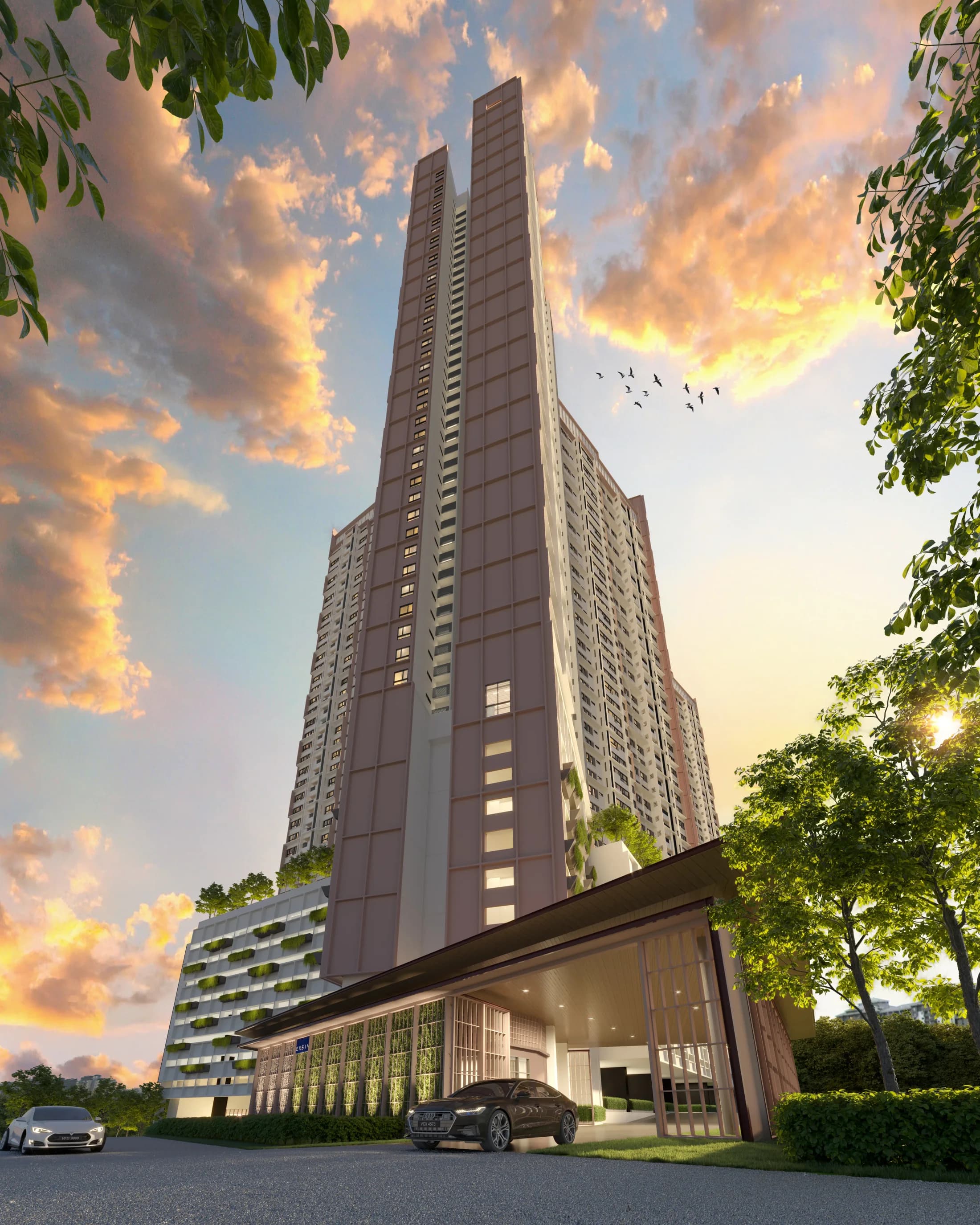The Queenswoodz @ Bukit Jalil tower facade at sunset