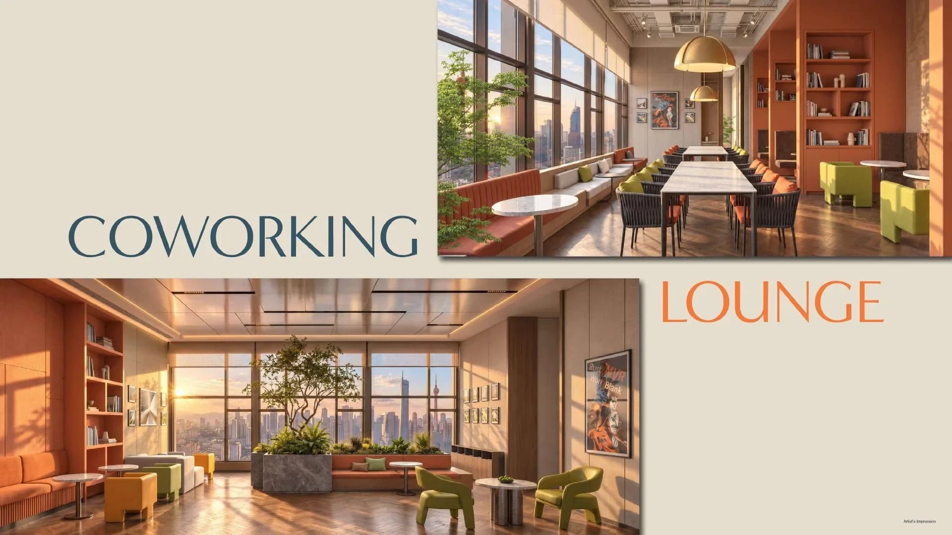 MABA Suitez coworking lounge with seating and garden views