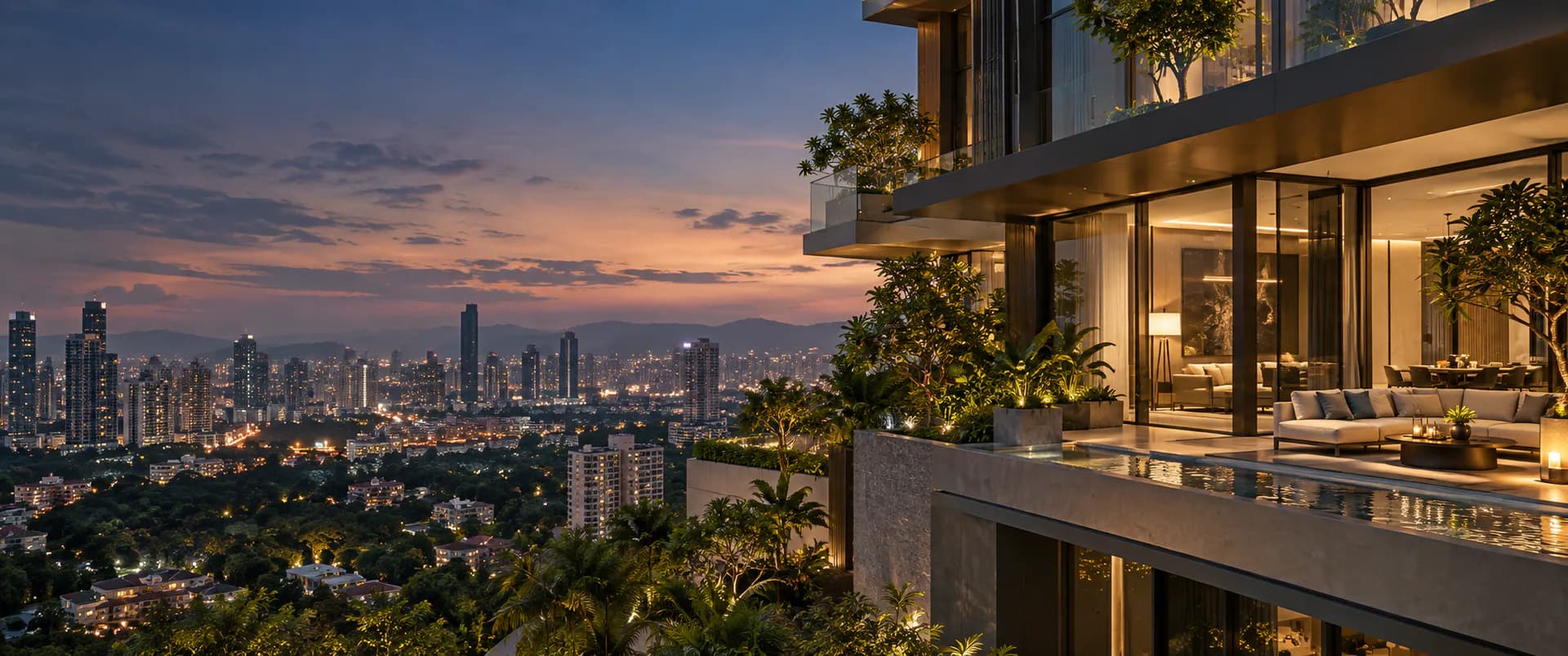 Contemporary residential architecture overlooking a Malaysian city at dusk