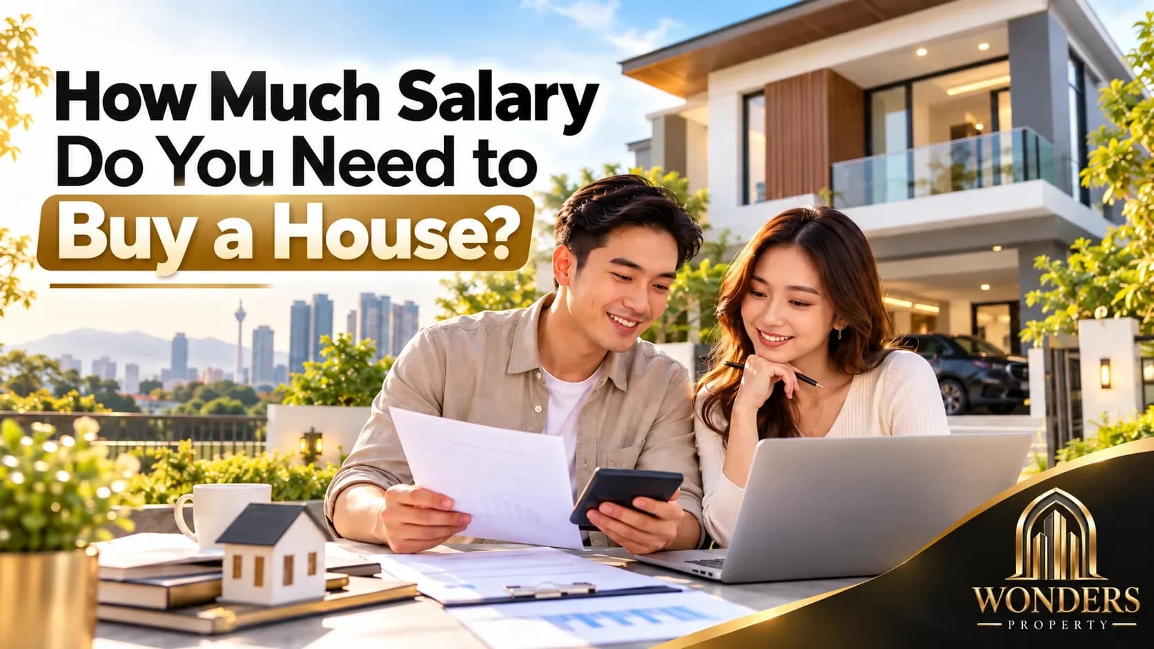 Young couple reviewing home-buying finances outside a modern house, with the text “How Much Salary Do You Need to Buy a House?”