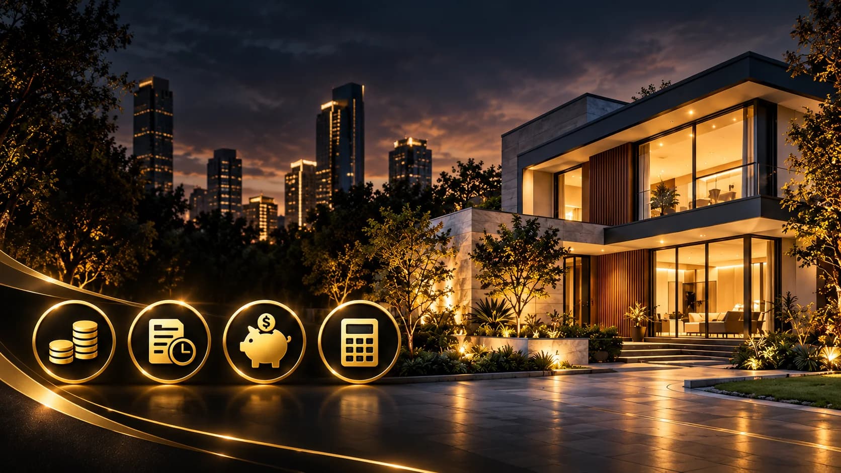 Luxury home affordability guide with a modern house and four financial planning icons