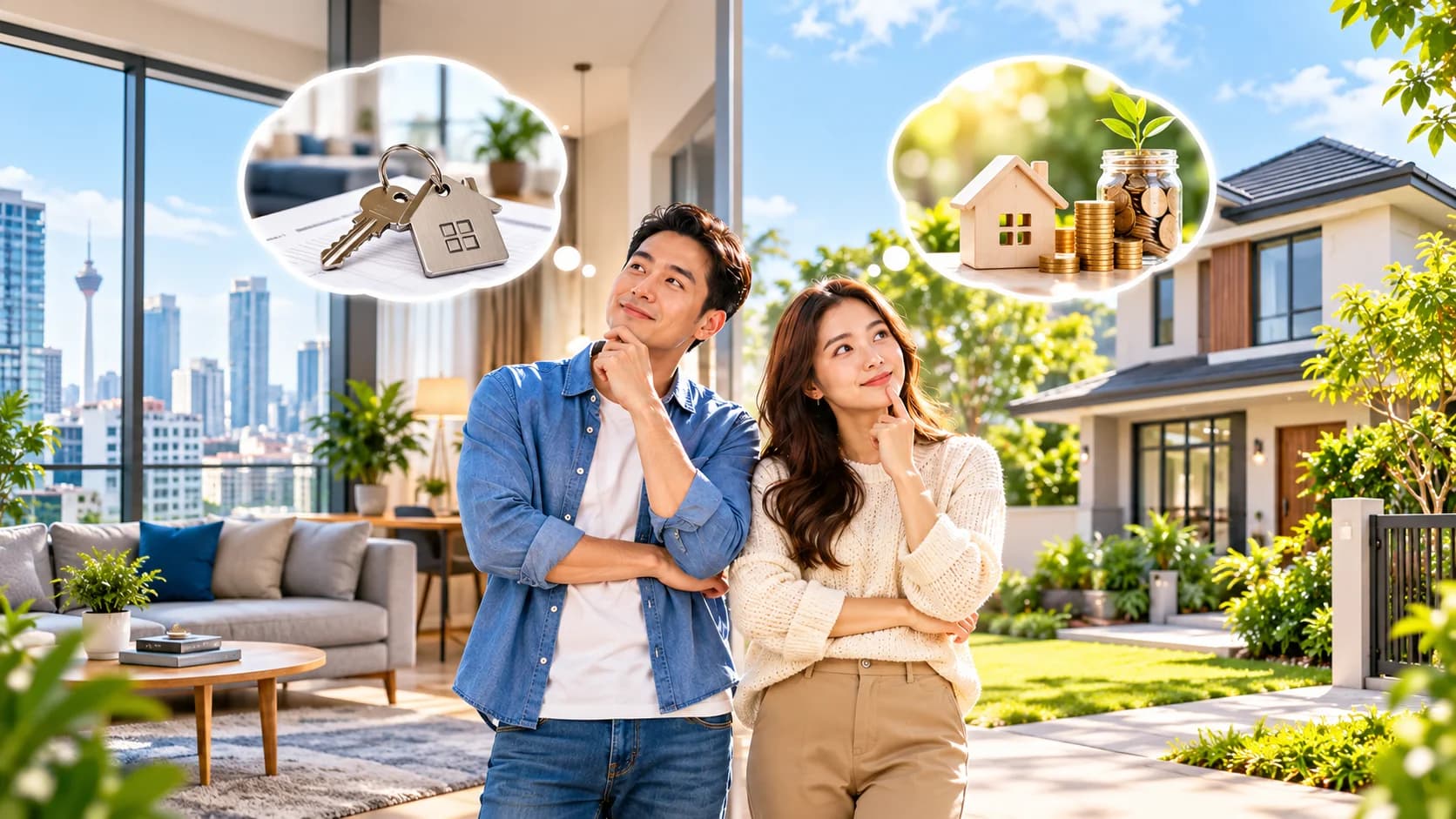 Young couple comparing renting an apartment and buying a home in Malaysia
