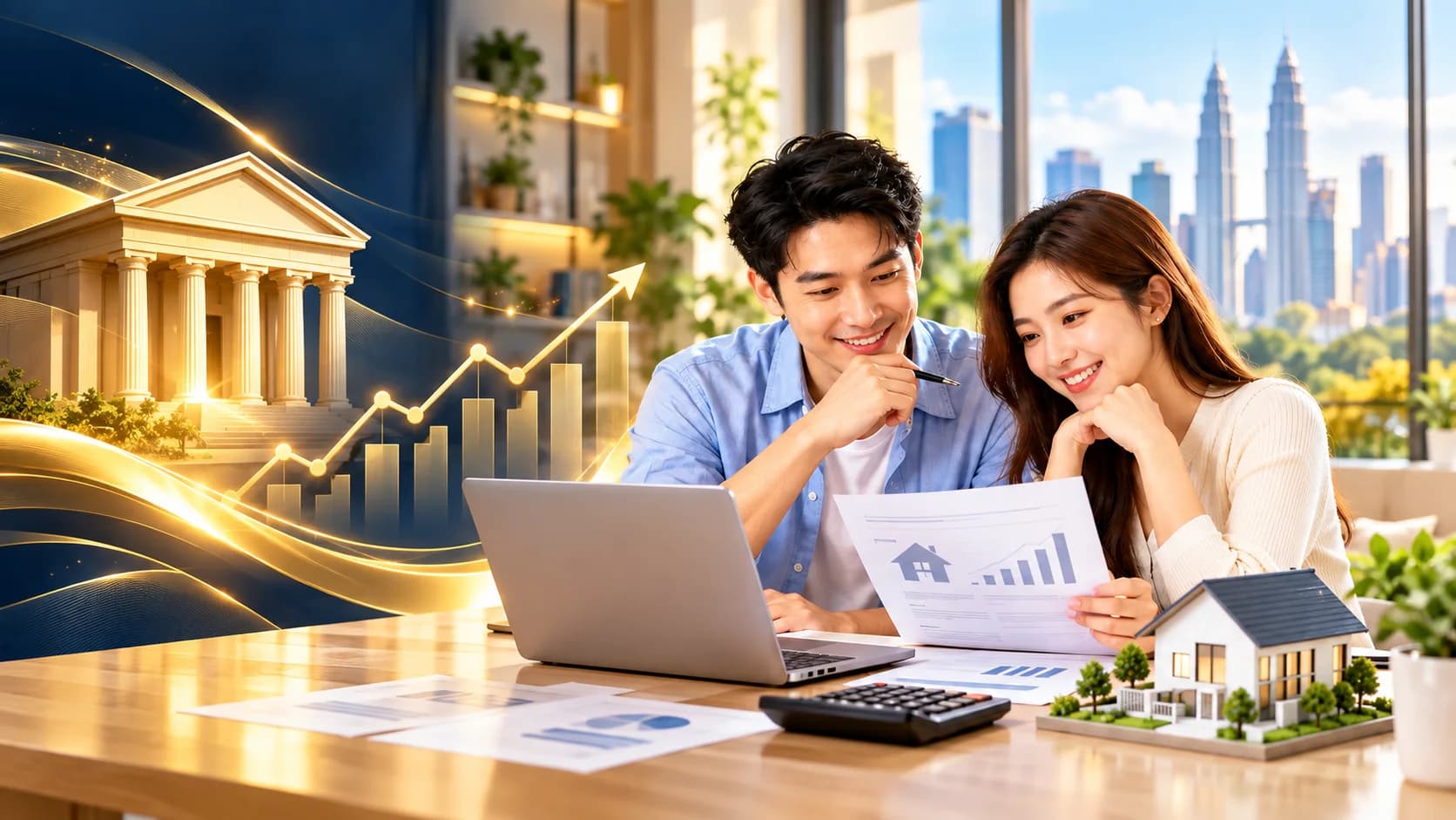 Young couple reviewing Malaysian home financing with interest rate chart and house model