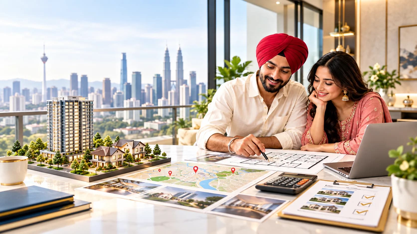 Couple planning a Malaysian property purchase with a map, calculator and home models