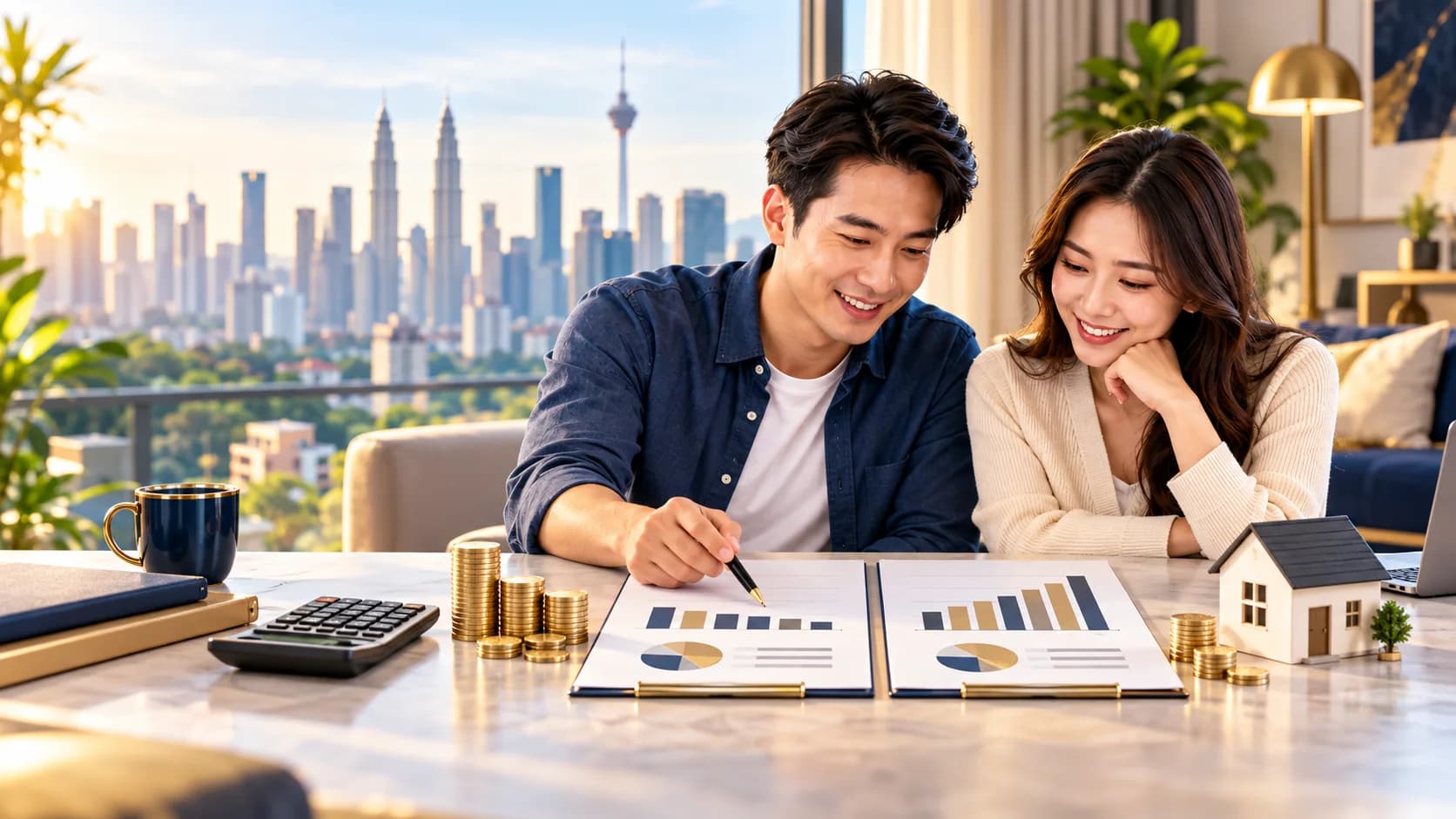 Couple comparing two Malaysian home loan tenure scenarios with a calculator and house model